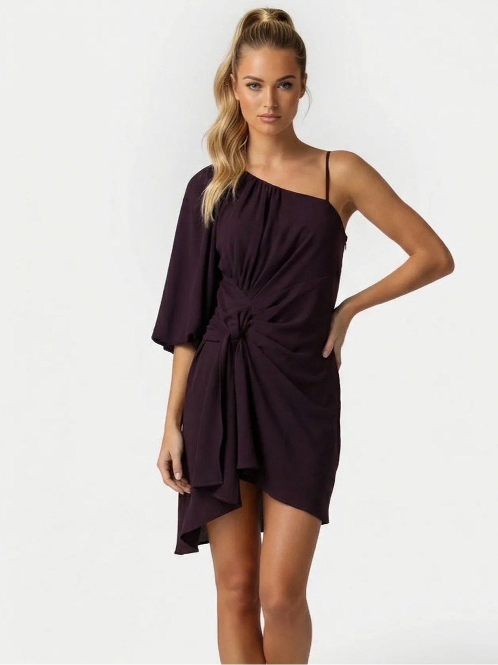One-Shoulder Knot Front Mini Dress in Burgundy